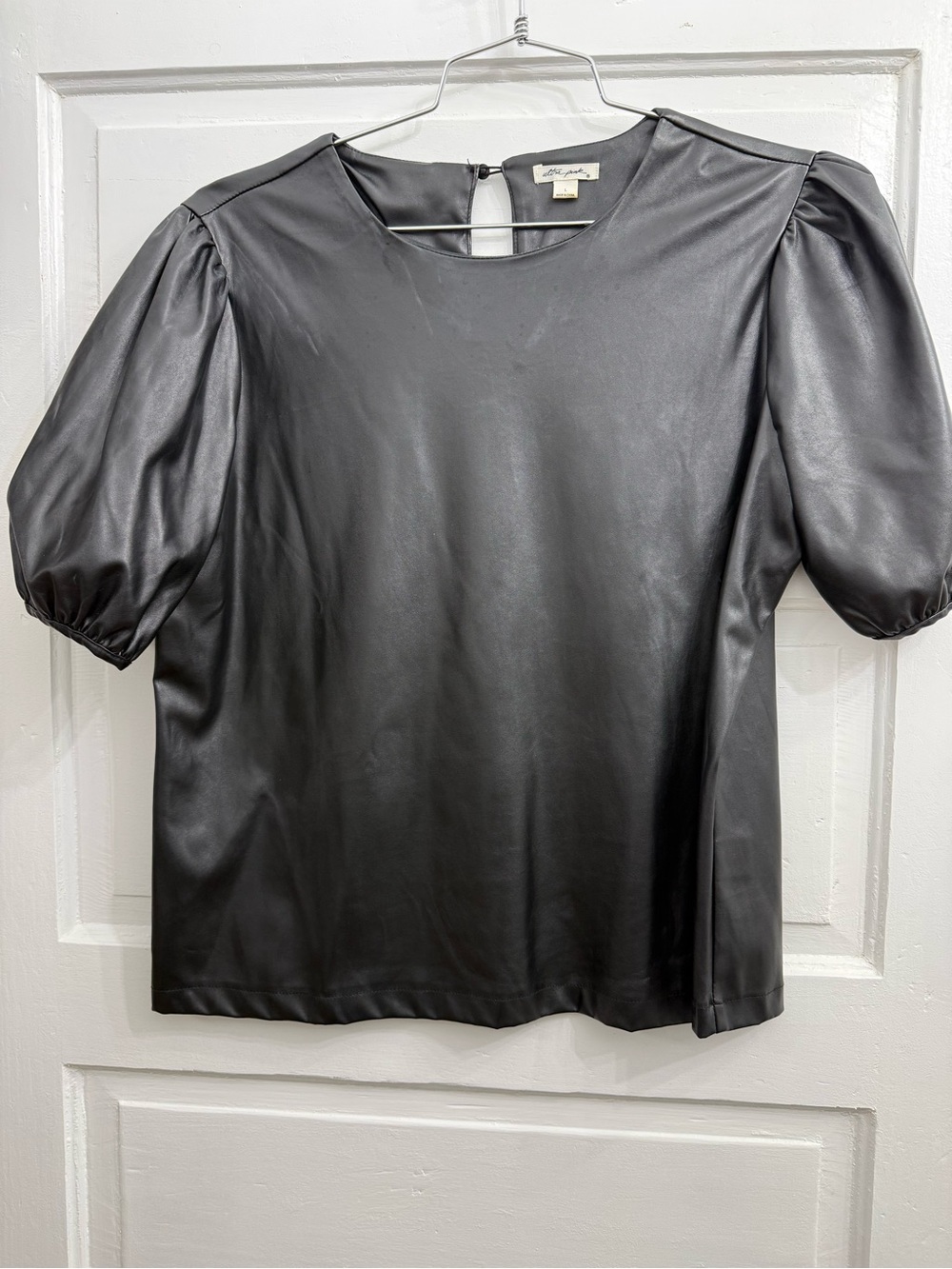 Ultra Pink Black Faux Leather Puff Sleeve Blouse